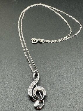 Sterling Silver 925 Treble Clef Pendant Necklace – CZ Pavé, Italy Chain, 18" EUC